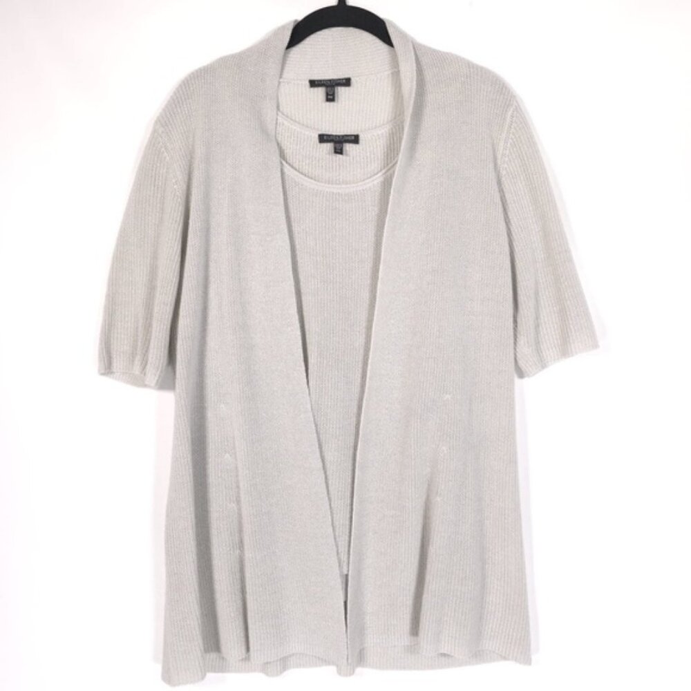 EILEEN FISHER PETITE ITALIAN YARN SILK Blend Set Cardigan + Tank Top Size PM